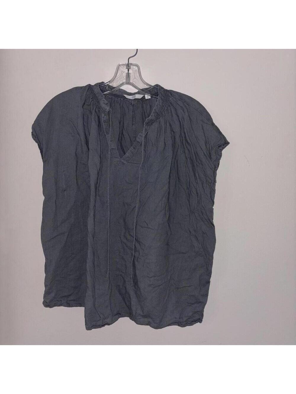 Uniqlo Slate Blue Cap Sleeve Boxy Boho Blouse V Neck Casual Linen Blend